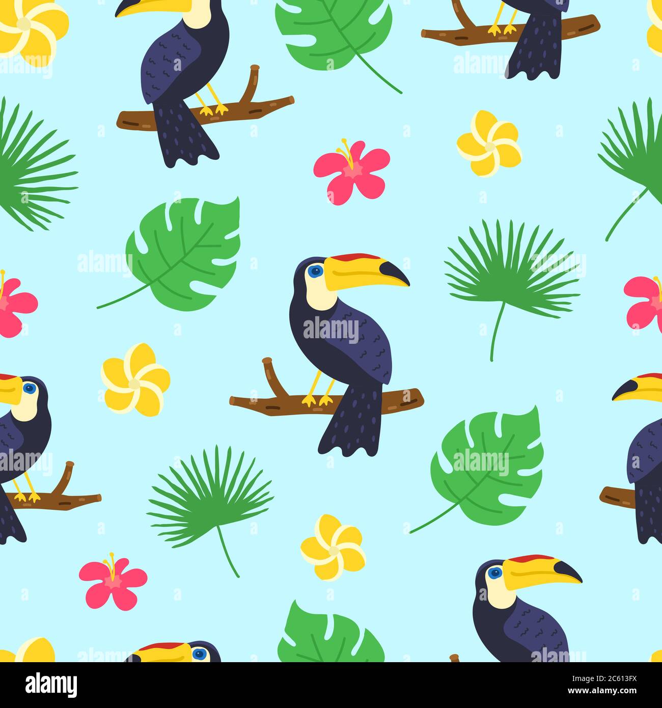 Toucan-Muster. Exotische tropische Textur für Druck, Banner, Poster Vorlage. Tropisches Nahtmuster. Cartoon Doodle Hintergrund. Vektorgrafik Stock Vektor