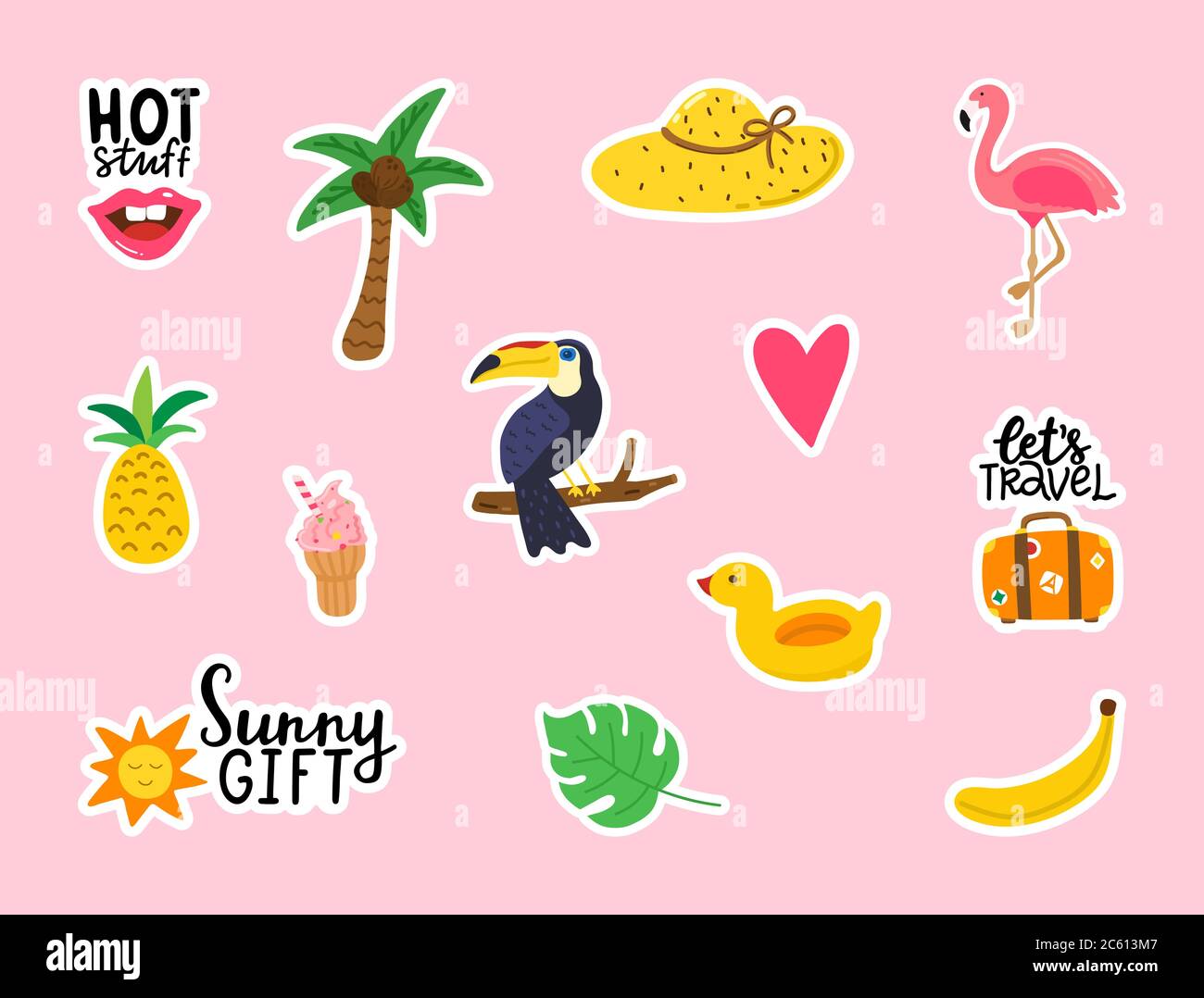 Sommer Sticker Kollektion auf rosa Hintergrund. Niedliche Doodle Design-Elemente für Karten, Poster, Party-Einladung. Sommerfest. Vektor Stock Vektor