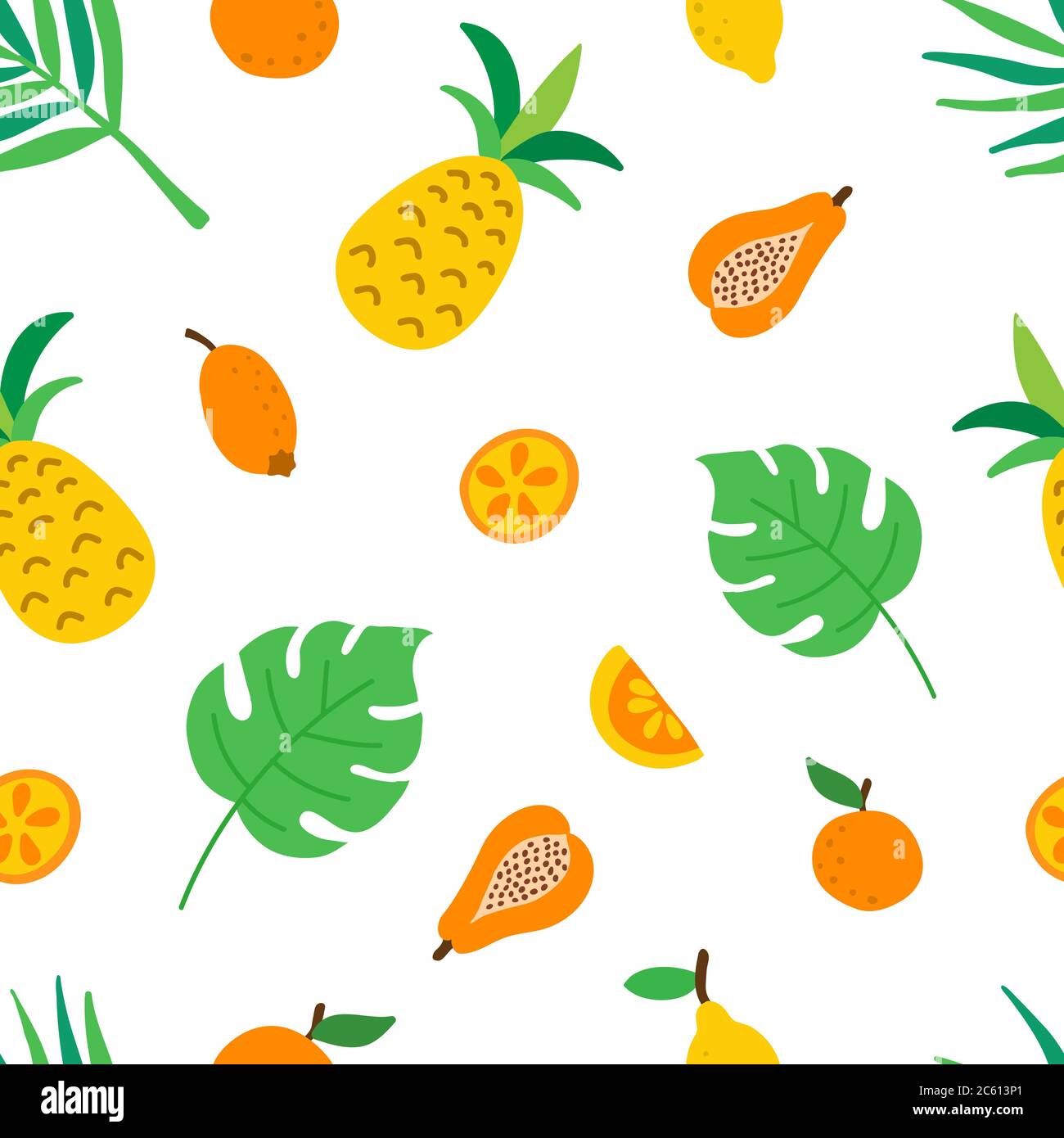 Tropische Früchte und Blätter nahtloses Muster. Niedlichen Sommer Hintergrund mit Ananas, Zitronenscheiben und Orangen, Monstera Blätter. Vektor Stock Vektor