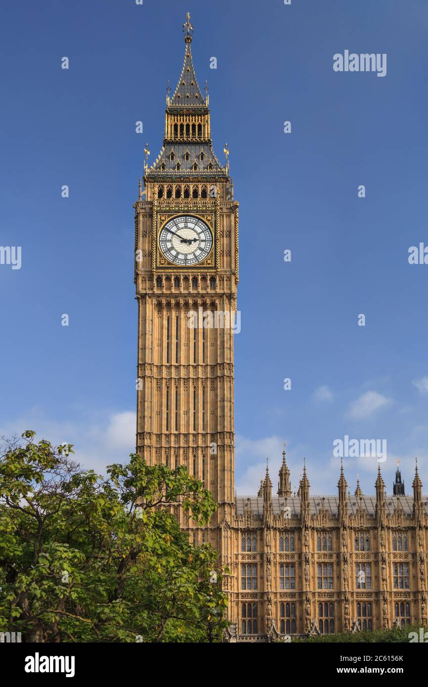 Big Ben, der Elizabeth Turm Glockenturm mit ikonischen Uhr, Houses of Parliament. Westminster, London, England, Großbritannien Stockfoto