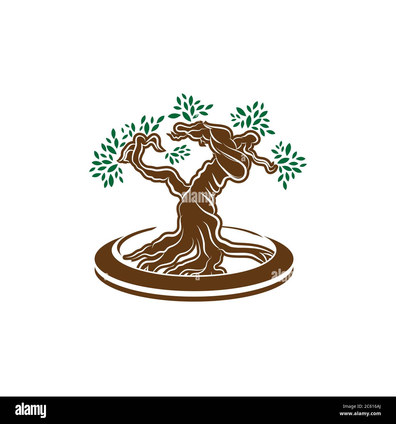 Japanischer Bonsai-Baum-Logo, Pflanzen-Silhouette-Symbole auf weißem Hintergrund, grüne Ökologie Silhouette von Bonsai und Sonnenuntergang. Detailbild. Bio Natur conce Stock Vektor