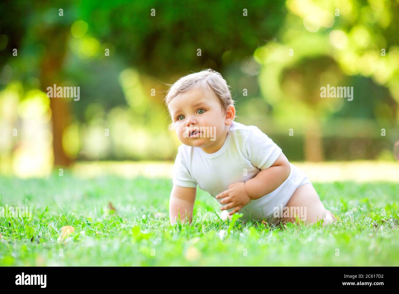 Niedliches Kind in weißem Body lernt zu kriechen. Gesundes Kleinkind kriecht im Sommer auf grünem Gras Stockfoto