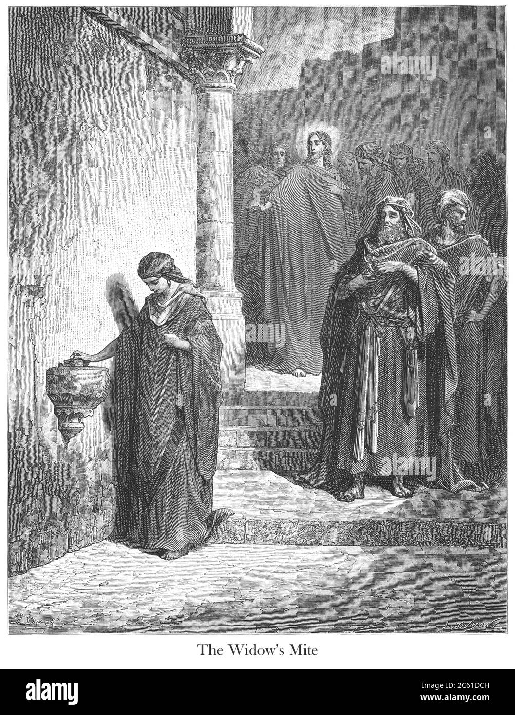 Die Witwe's Mile [Markus 12:42-43] aus dem Buch "Bible Gallery" illustriert von Gustave Dore mit Memoir of Dore und Beschreibenden Brief-Presse von Talbot W. Chambers D.D. Herausgegeben von Cassell & Company Limited in London und gleichzeitig von Mame in Tours, Frankreich im Jahr 1866 Stockfoto
