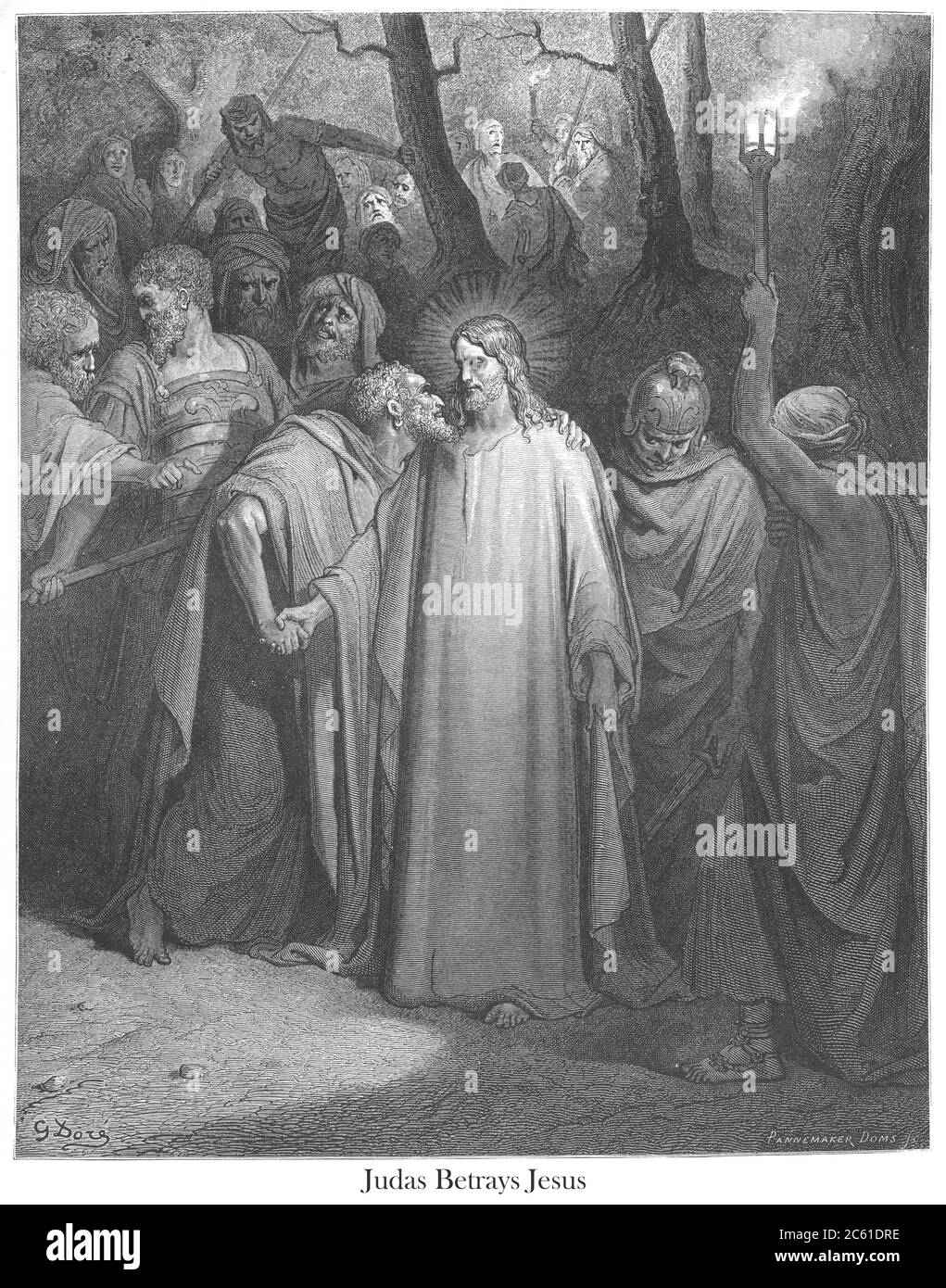 Judas verrät Jesus mit einem Kuss [Markus 14:45-46] aus dem Buch "Bible Gallery" illustriert von Gustave Dore mit Memoir of Dore und Beschreibenden Brief-Presse von Talbot W. Chambers D.D. Herausgegeben von Cassell & Company Limited in London und gleichzeitig von Mame in Tours, Frankreich im Jahr 1866 Stockfoto