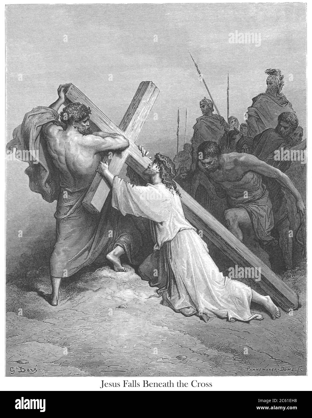 Jesus fällt unter das Kreuz [Markus 15:21] aus dem Buch "Bible Gallery" illustriert von Gustave Dore mit Memoir of Dore und Beschreibenden Brief-Presse von Talbot W. Chambers D.D. Herausgegeben von Cassell & Company Limited in London und gleichzeitig von Mame in Tours, Frankreich im Jahr 1866 Stockfoto