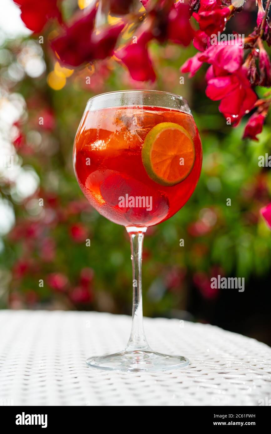 Erfrischende Frucht Sangria (Stempel) auf Holztisch Stockfoto