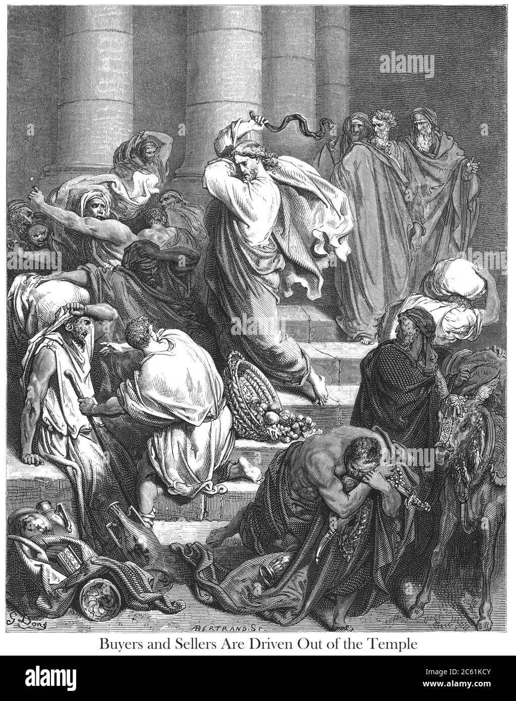 Die Käufer und Verkäufer aus dem Tempel vertrieben [Johannes 2:15] aus dem Buch "Bible Gallery" illustriert von Gustave Dore mit Memoir of Dore und Beschreibenden Brief-Presse von Talbot W. Chambers D.D. Herausgegeben von Cassell & Company Limited in London und gleichzeitig von Mame in Tours, Frankreich im Jahr 1866 Stockfoto