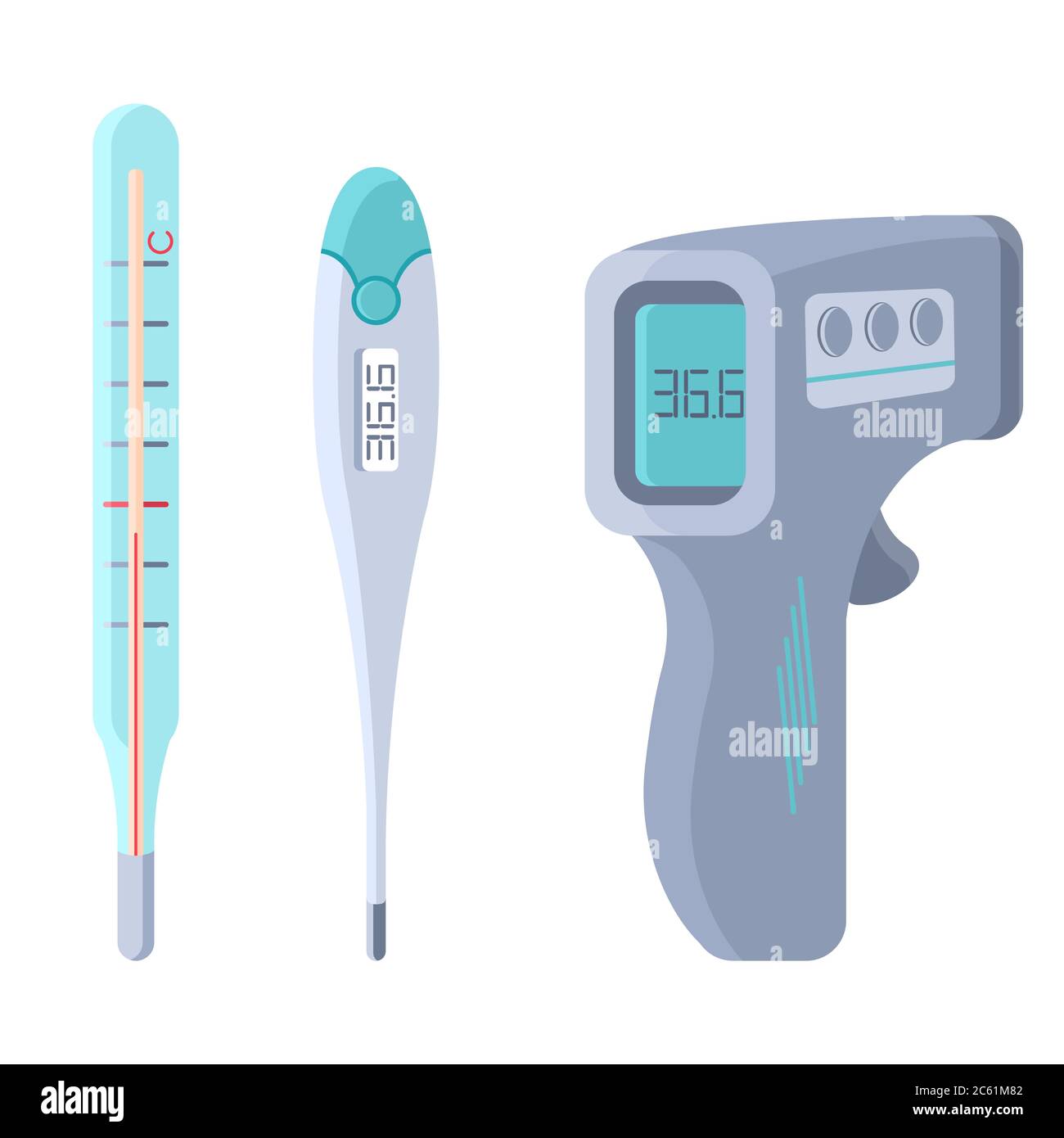 Thermometer auf weißem, isoliertem Hintergrund. Aufkleber Set für Social Banner, Website-Elemente, Hygiene-Förderung, medizinisches Poster. Logo oder Info des Drogeriemarkt Stock Vektor