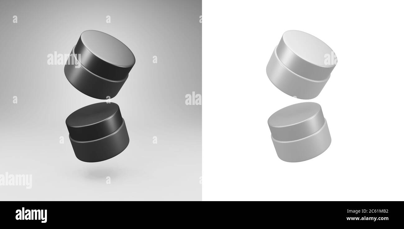 Zwei realistische schwarze Plastikflaschen für Kosmetika schweben über den Hintergrund. Layoutvorlage. 3D-Illustration. Stockfoto