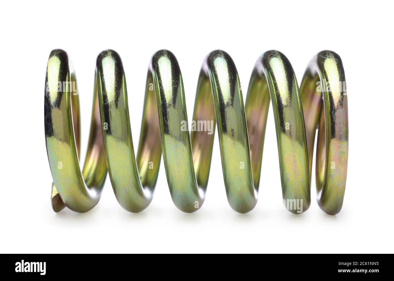 Metallische Feder isoliert auf weiß. Seitenansicht. Stockfoto