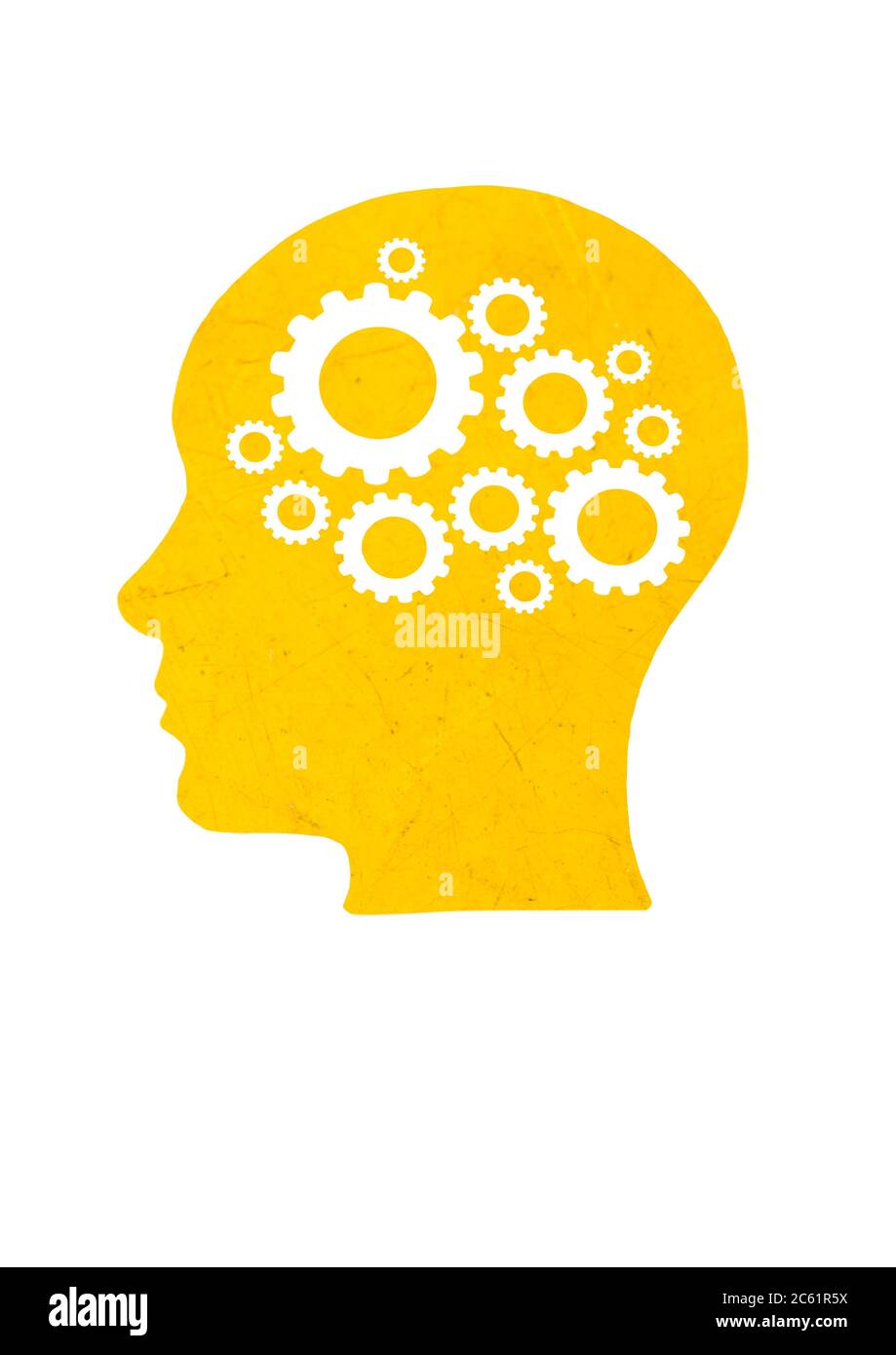 Abbildung mit menschlichen Kopf mit Zahnrädern in abstrakten Stil auf weißem Hintergrund. Kreativer Kopf. Abstrakte Technologie Hintergrund. Business Mechanismus conce Stockfoto