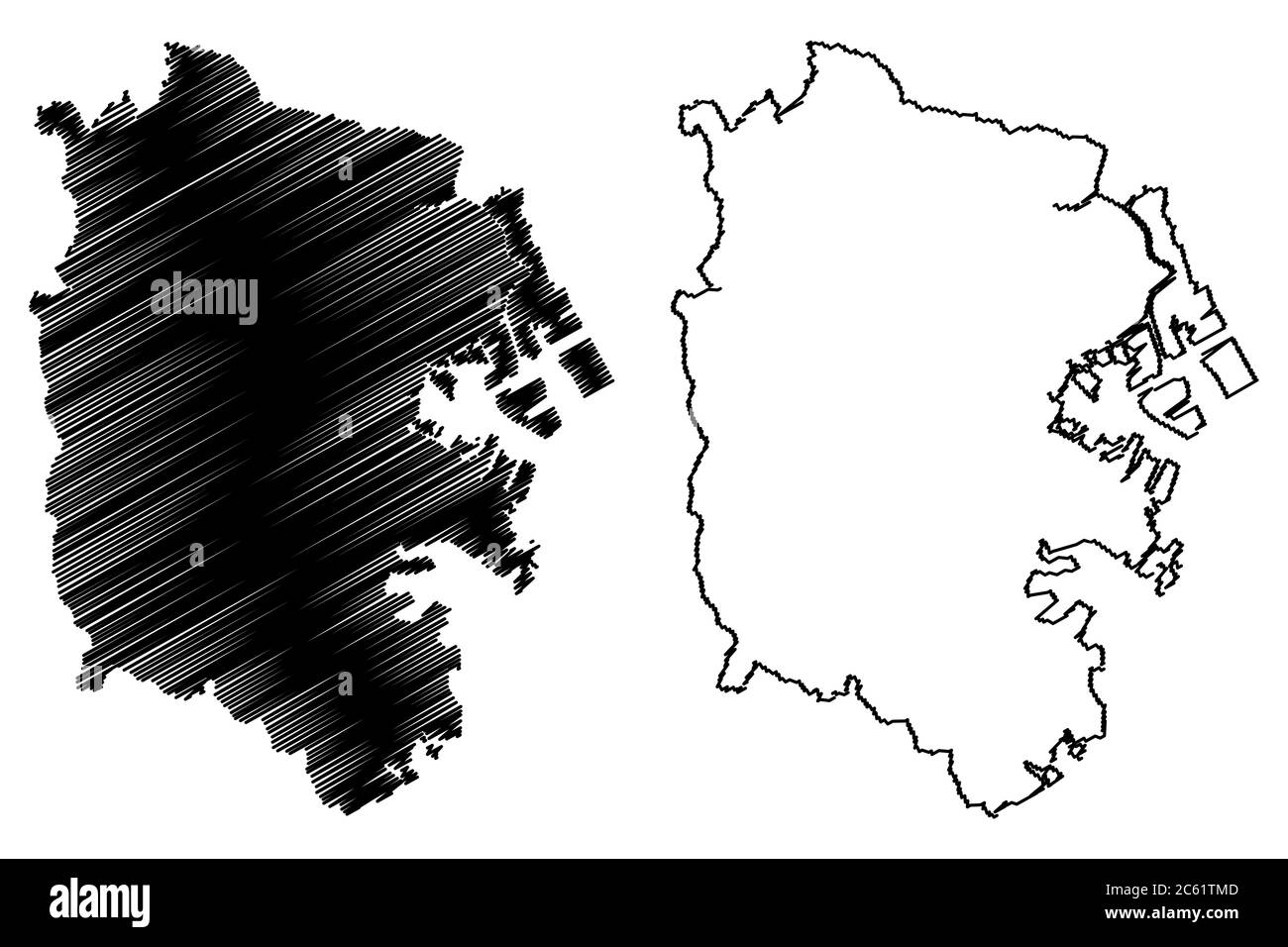 Yokohama City (Staat Japan, Inselstaat, Präfektur Kanagawa) Karte Vektorgrafik, Skizze Stadt Yokohama Karte Stock Vektor