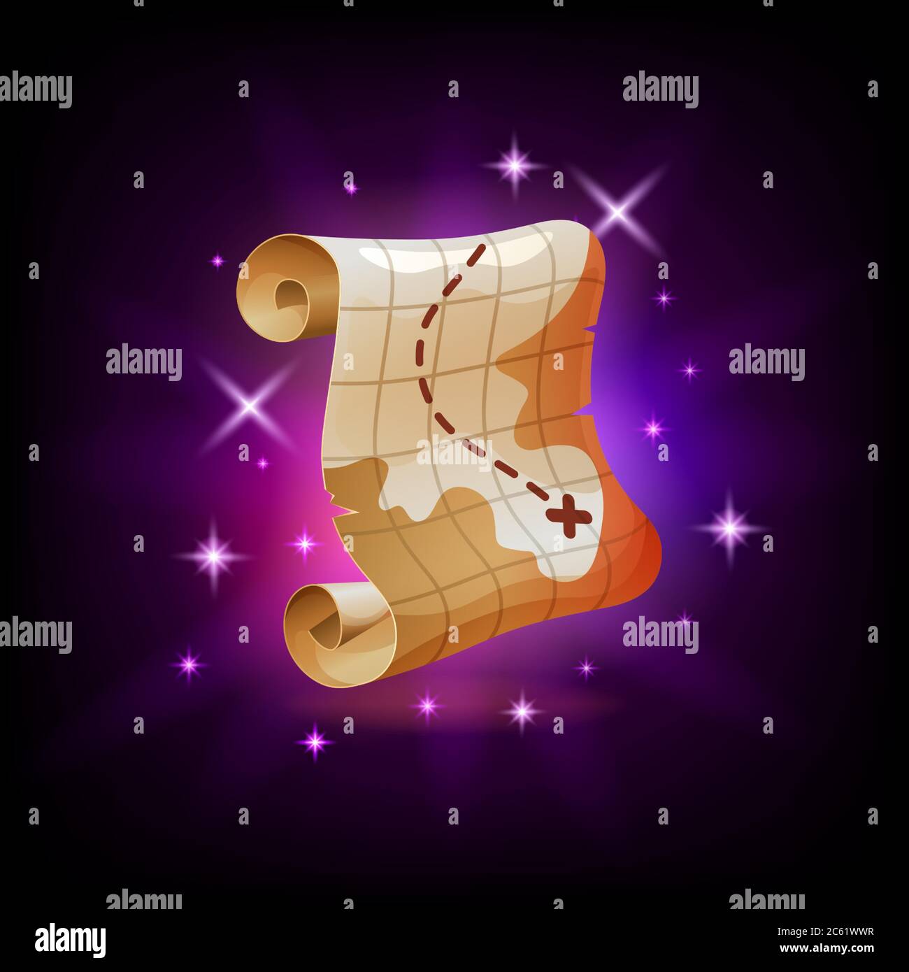 Pirate Schatz Karte Grafik Benutzeroberfläche Symbol, dunkler Hintergrund. Adventure Videospiel oder mobile App Piktogramm. Vektorgrafik, Cartoon-Stil Stock Vektor