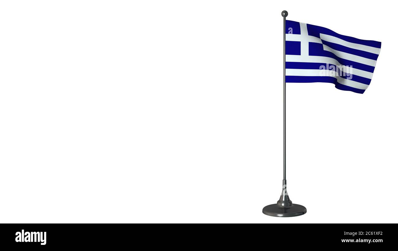 Griechenland kleine Flagge flattert auf einem Fahnenmast. Weißer Bildschirmhintergrund, 3d-Rendering Stockfoto