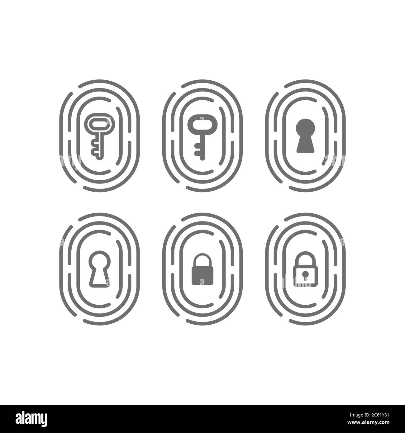 Fingerabdruck mit Schlüssel, Schlüsselloch und Vorhängeschloss-Symbol. Sicheres und sicheres Identifikationskonzept, biometrisches Identitätsvektorzeichen. Stock Vektor