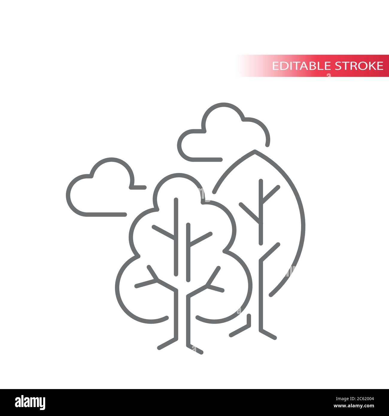 Linienvektorsymbol für Bäume mit Wolken. Baum, Wolke, Outdoor-Konzept oder Natur Umwelt Umriss Symbol. Bearbeitbare Kontur. Stock Vektor