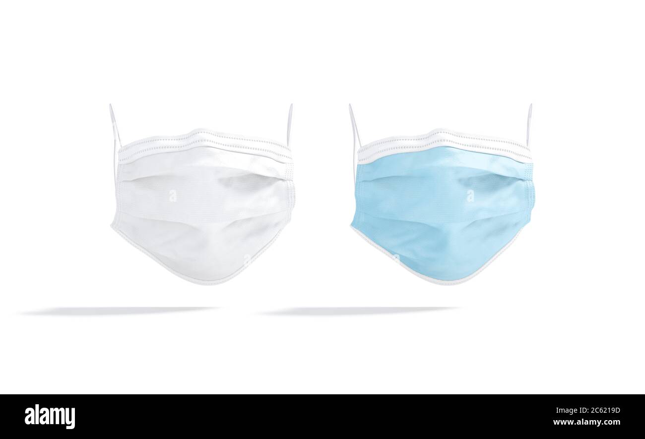 Blank blau und weiß medizinische Schutzmaske Mockup, keine Schwerkraft Stockfoto