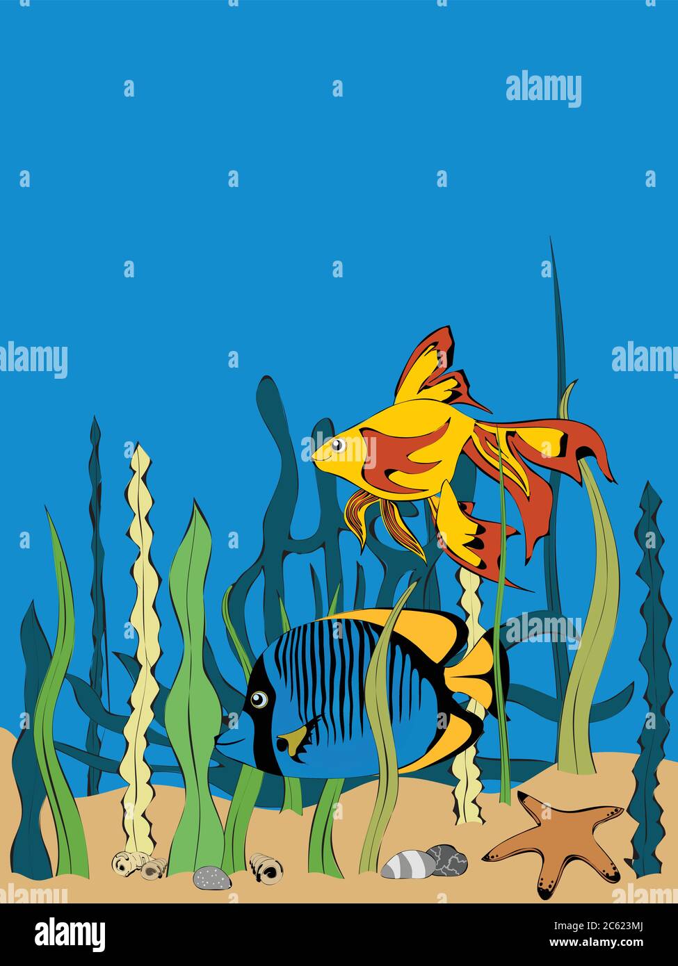 Handgezeichnete Illustration von zwei tropischen Fischen Cartoons Stil Schwimmen Unterwasser mit Meeresvegetation Sterne Fischschalen und Kieselsteine Hintergrund Stock Vektor
