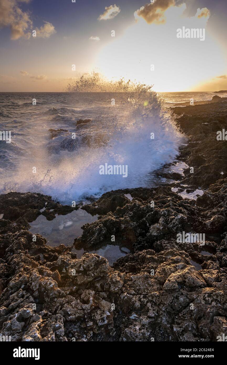 Große Wellen, die gegen Felsen spritzen, Grand Cayman Blowholes Stockfoto