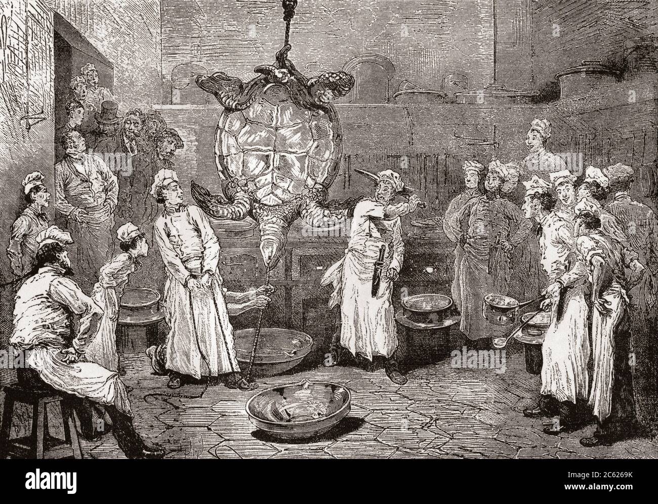 Eine Schildkröte in einem Pariser Restaurant enthaupten. Ein Koch bereitet sich darauf vor, die Schildkröte zu enthaupten, während das Personal darauf schaut, eine Schüssel wird auf den Boden gestellt, um das Blut zu fangen. Aus Paris selbst wieder, veröffentlicht, 1882. Stockfoto