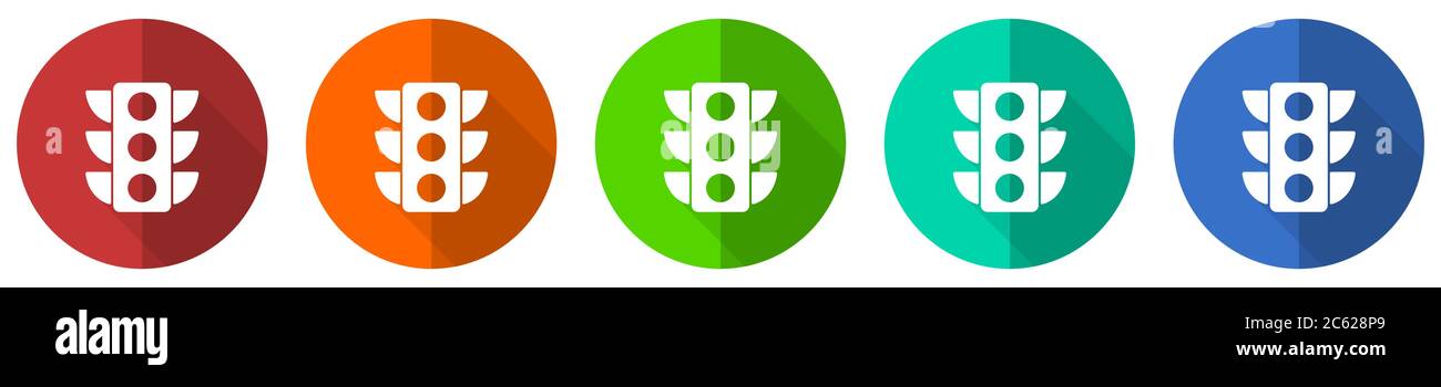 Ampelsymbole, rote, blaue, grüne und orangefarbene Flachdesign-Webtasten isoliert auf weißem Hintergrund, Vektorgrafik Stock Vektor