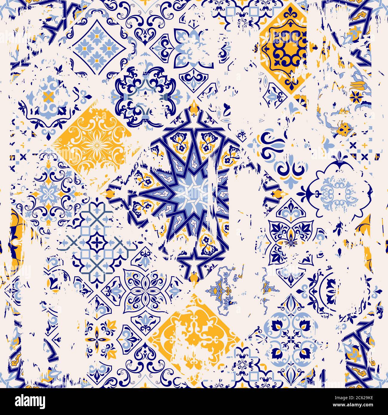Nahtloses Vintage-Muster mit einem Effekt von Abnutzung. Patchwork-Fliesen. Handgezeichnetes, nahtloses abstraktes Muster aus Fliesen. Einrichtung in Portugiesisch und Spanien. Stock Vektor