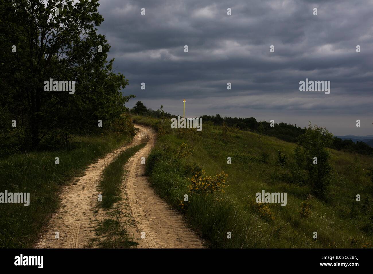 Wolkiger Rückweg in der Nähe von Sessame, Bormida-Tal, Piemont, Italien Stockfoto