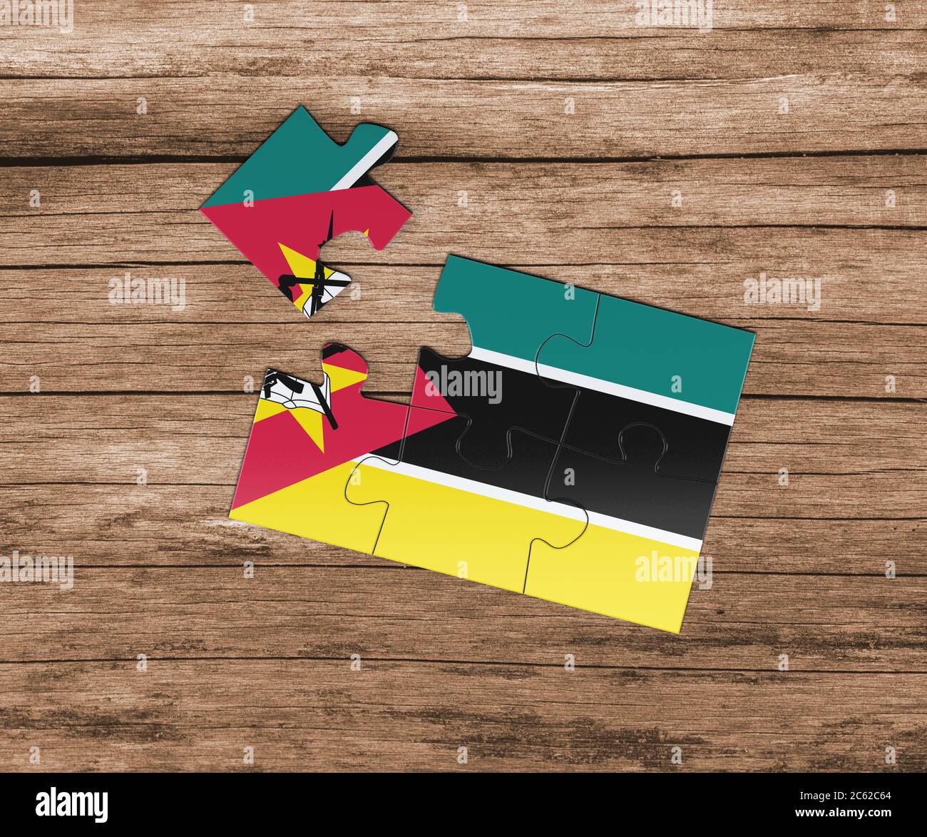 Mosambik Nationalflagge auf Puzzle. Ein Stück fehlt. Gefahrenkonzept. Stockfoto