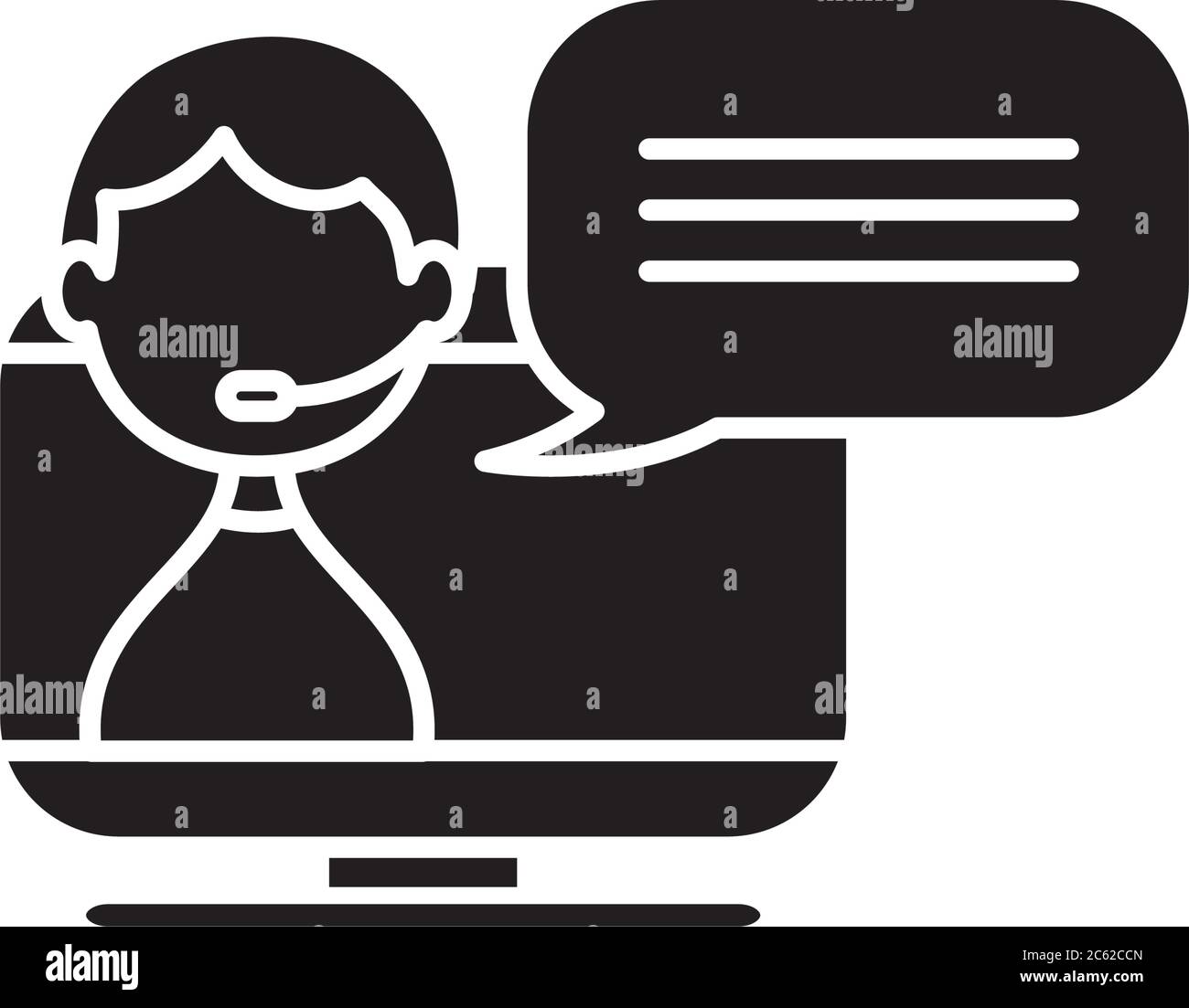 Kundendienst-Konzept, Computer mit Mann mit Support-Center-Headset auf dem Bildschirm über weißem Hintergrund, Silhouette Stil, Vektor-Illustration Stock Vektor