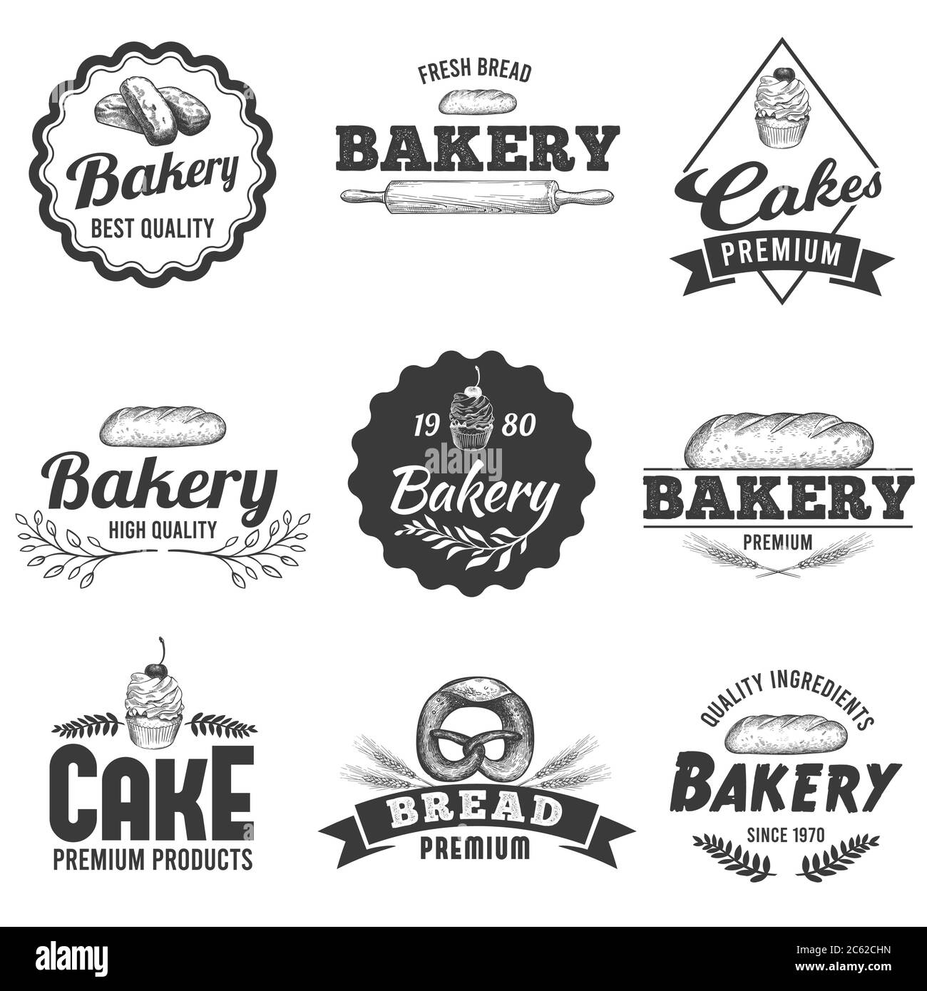 Badge für Bäcker. Frisches Brot Lebensmittel Etikett, süße Kuchen Skizze und handgezeichnete Backwaren Vektor Illustration Set Stock Vektor