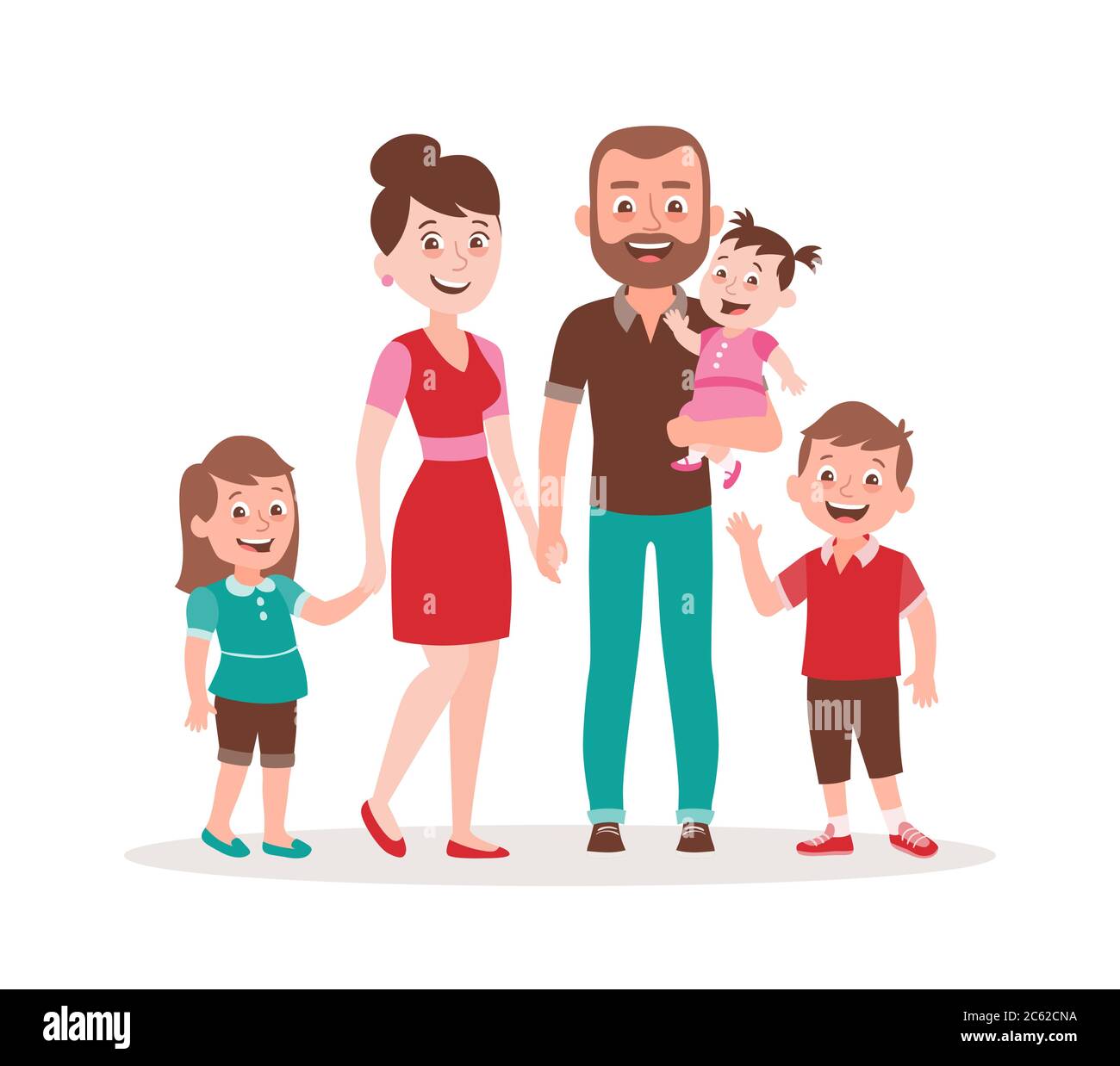 Glückliches Familienportrait. Vater, Mutter, Tochter, Sohn und ein kleines Mädchen. Porträt der Familie, die zusammen stehen. Vektordarstellung in Stock Vektor