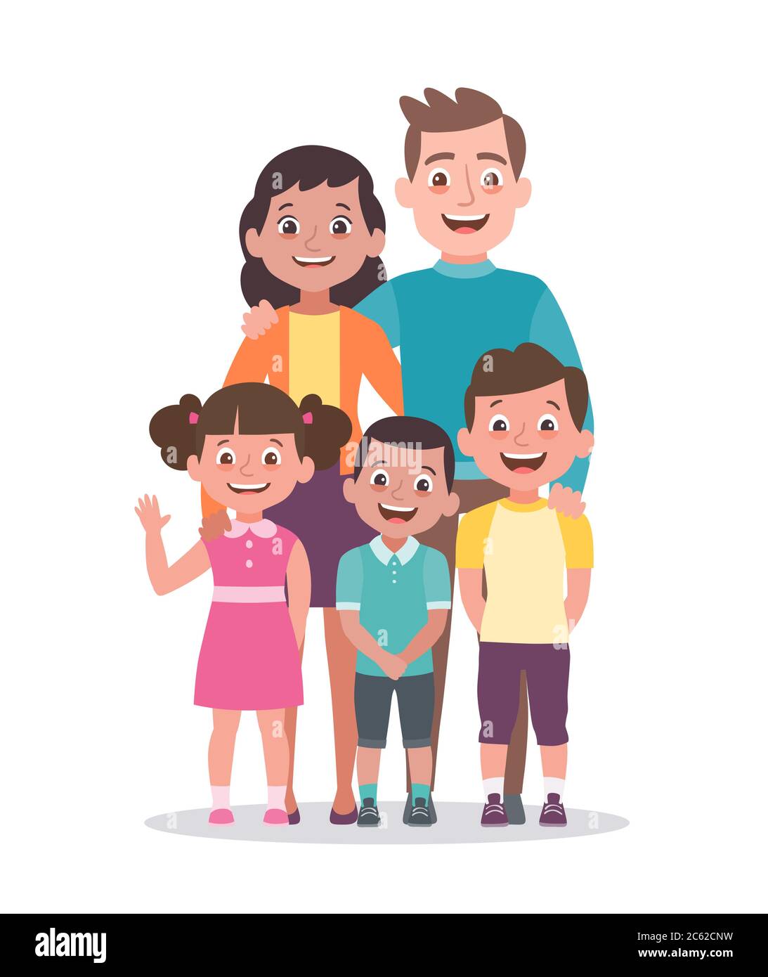 Familienportrait. Vater, Mutter, Tochter und Söhne. Porträt der Familie, die zusammen stehen. Vektorgrafik im Cartoon-Stil iso Stock Vektor