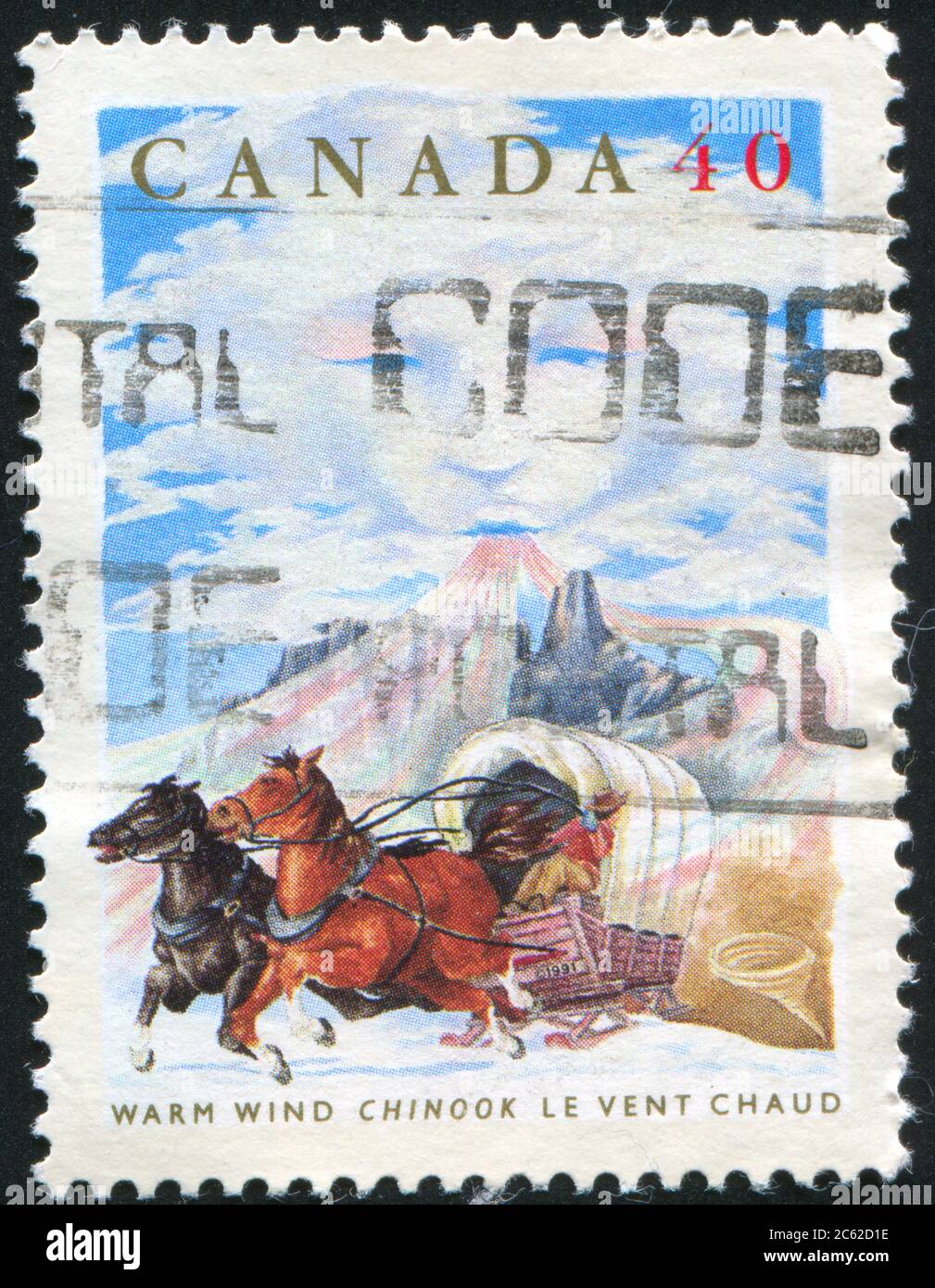KANADA - UM 1991: Briefmarke gedruckt von Kanada, zeigt Folktales, Chinook Wind, um 1991 Stockfoto
