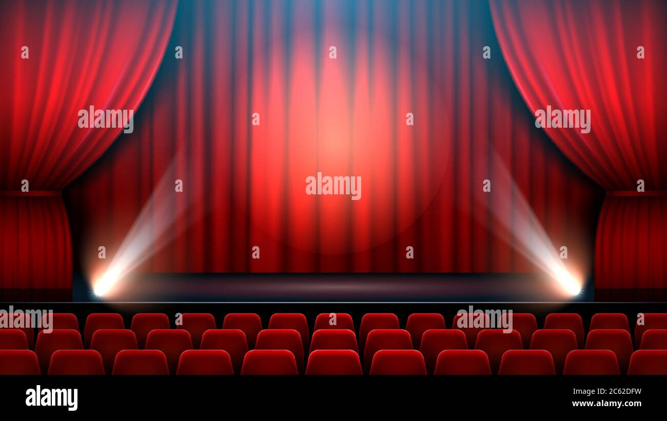 Bühneninterieur mit rotem Vorhang, Spotlight und Theaterstühlen Stock Vektor