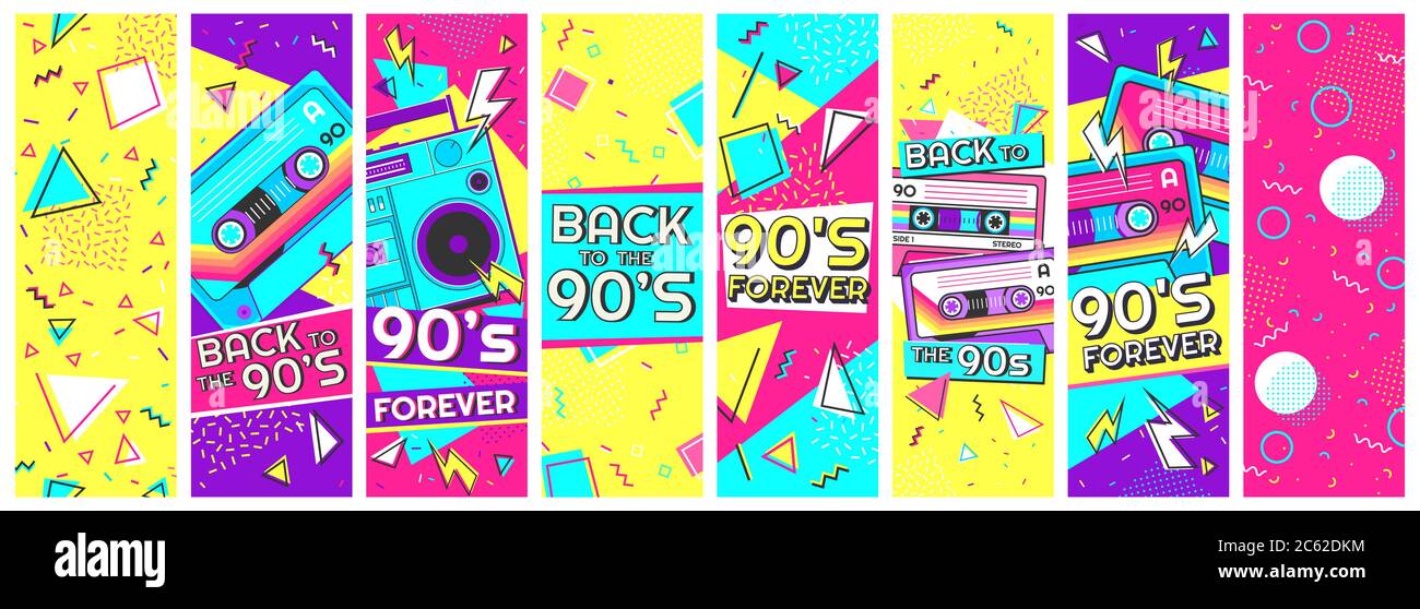 Retro-Banner der 90er Jahre. Neunzigs Forever, zurück in die 90er und Pop memphis Hintergrund Banner Vektor Illustration Set Stock Vektor