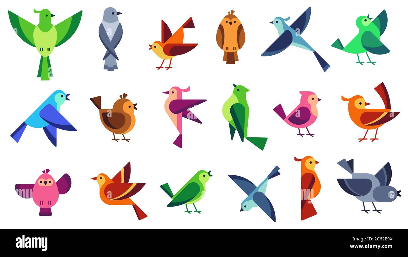 Flache Vögel. Fliegender Vogel der Windhundvögel, Tweettaube und wilder Sperling. Wildtiere Vektor Illustration Set Stock Vektor