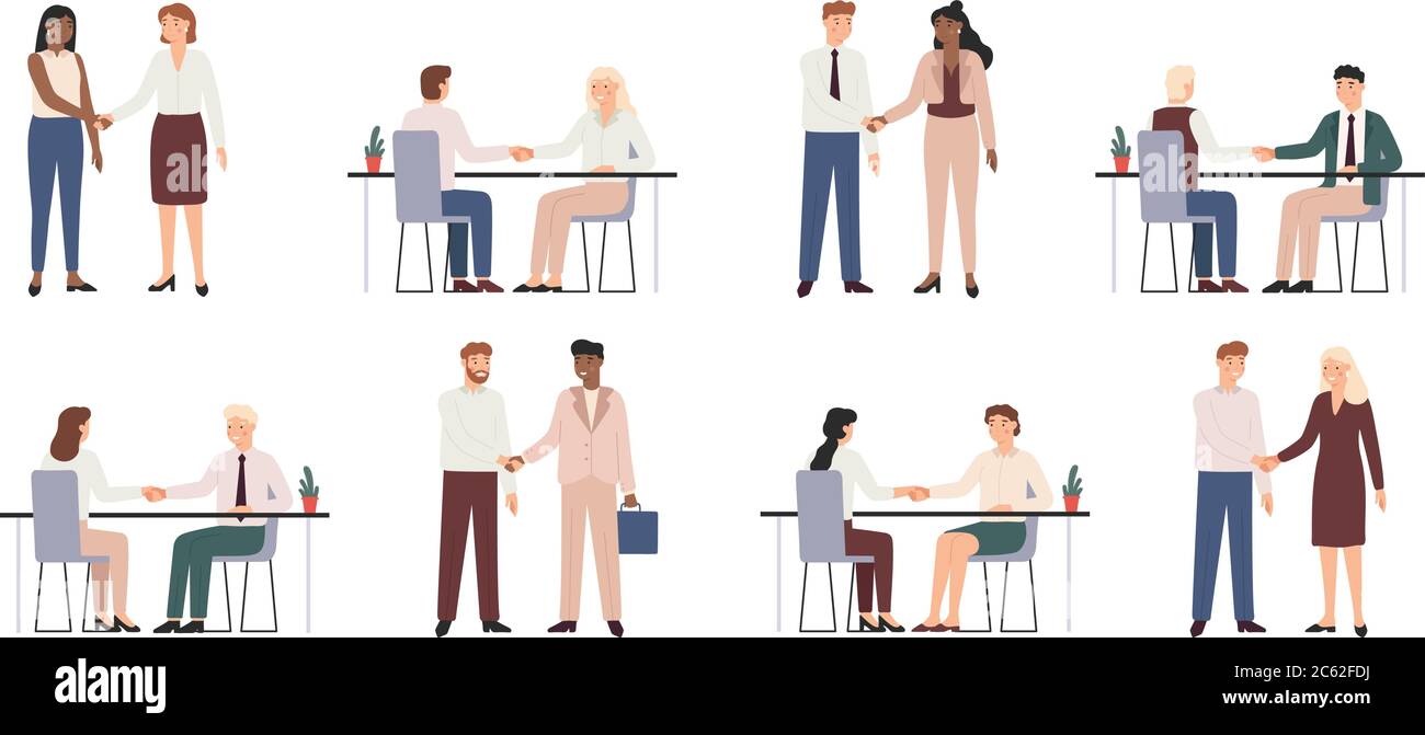 Geschäftspartner schütteln die Hände. Zusammenarbeit, Meetings und Vereinbarungen, Angebote. Mitarbeiterbeziehungen. Corporate Teamwork Vektor-Set Stock Vektor