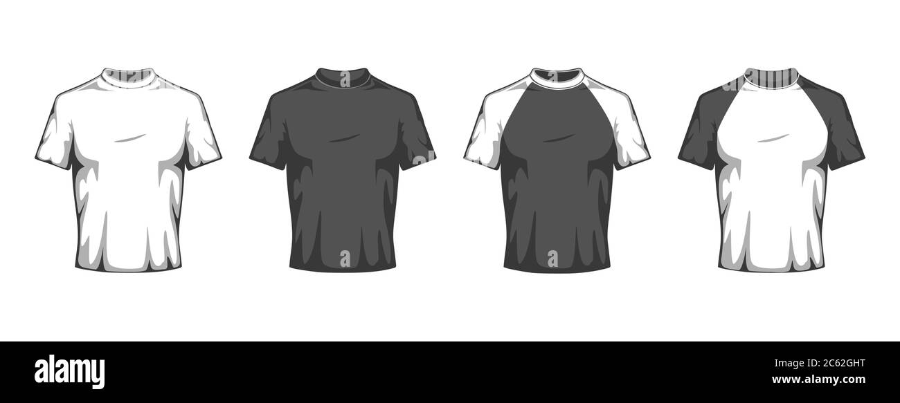 Flaches T-Shirt Mockup. Weiße und schwarze T-Shirt Varianten Vorlage, Werbung Casual Sport Kleidung, Unisex Sport Merchandise Vektor-Set Stock Vektor