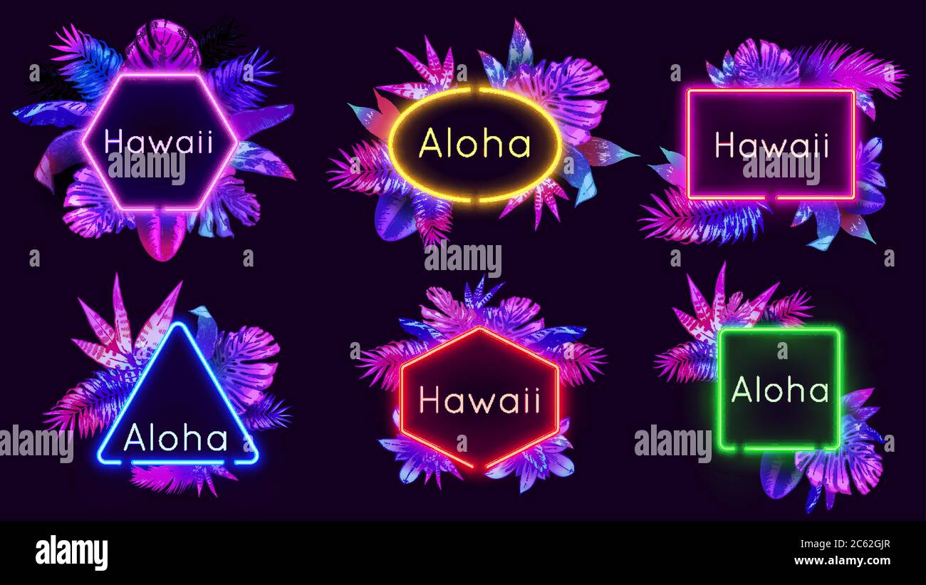 Neon Aloha Abzeichen. Hawaii Palmen Blätter mit Neonlicht, Sommer Banner Rahmen mit tropischen Pflanzen Vektor-Illustration-Set Stock Vektor