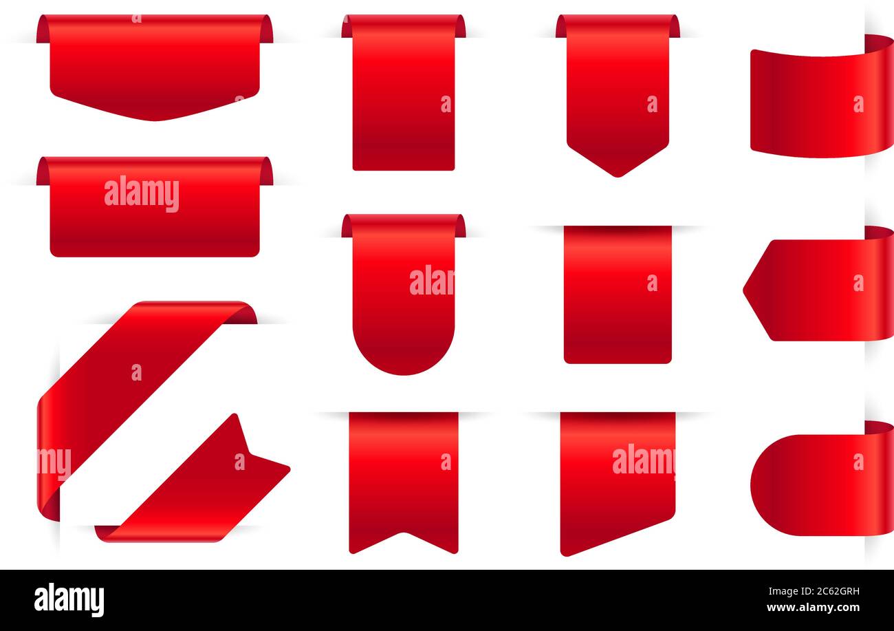 Rote Seidenetiketten. Leere Preisschilder für Rabatte, textile Lesezeichen. Web-Bänder Banner, Förderung Closeout Aufkleber, gebogene Band Vektor-Set Stock Vektor