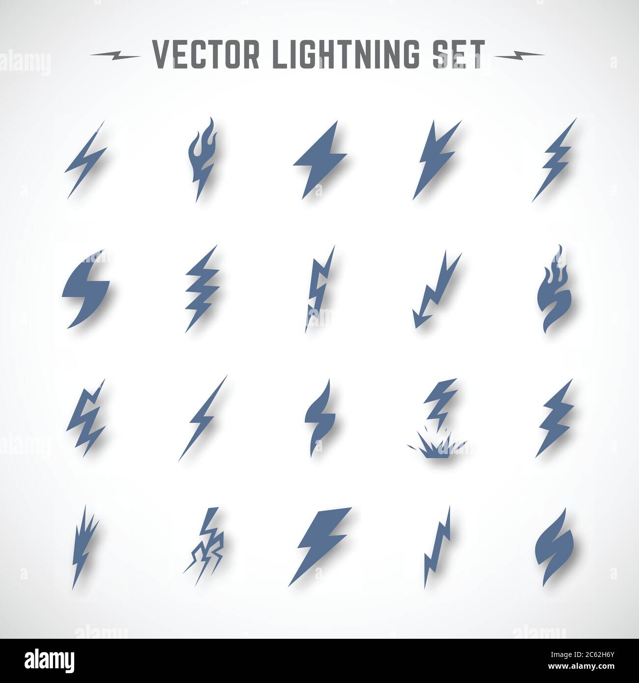 Vektor Blitz Bolt oder Blizzard Symbol Set in Material Design mit weichen realistischen Schatten. Thunderbolt Silhouetten. Stock Vektor