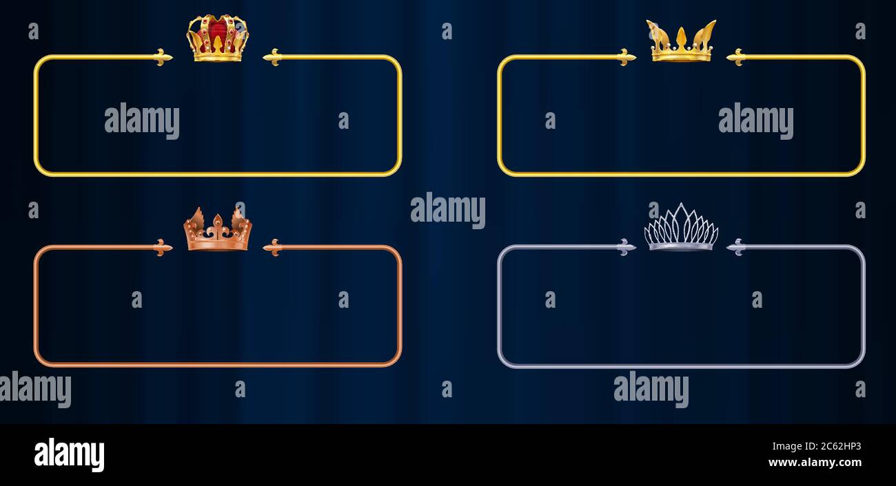 Königliche Knopfrahmen. Bronze, Silber und Gold Ranking Rahmen mit Kronen Premium-Design, vip-Spiel Ribbon grafische Schnittstelle Vektor-Set Stock Vektor