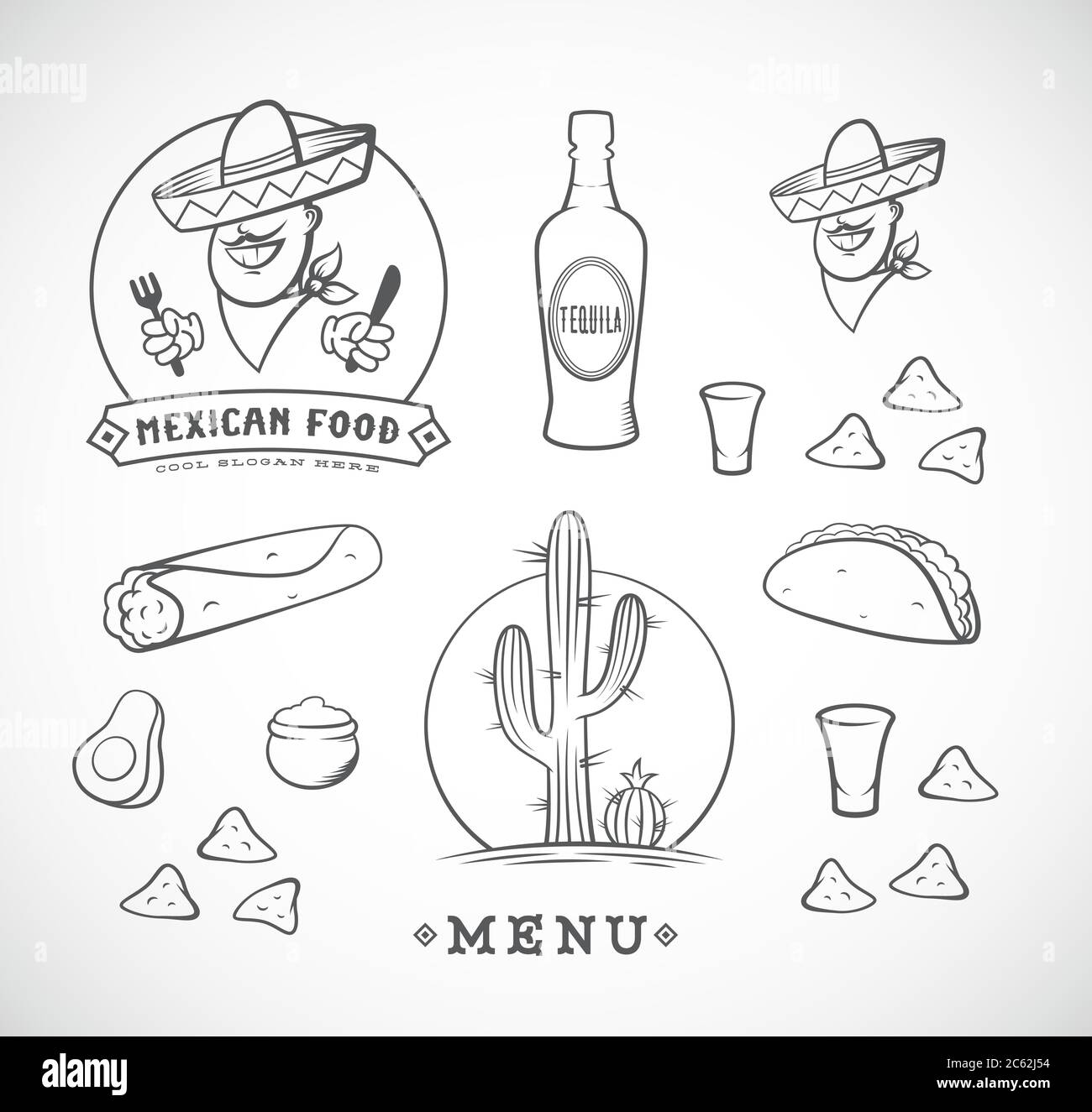 Mexikanische Lebensmittel Vektor Illustrationen Set mit Logo-Vorlage für Restaurant-Menü, Café, Mahlzeit Lieferung. Lächelnder Mann in traditionellem Sombrero, Tacos Stock Vektor