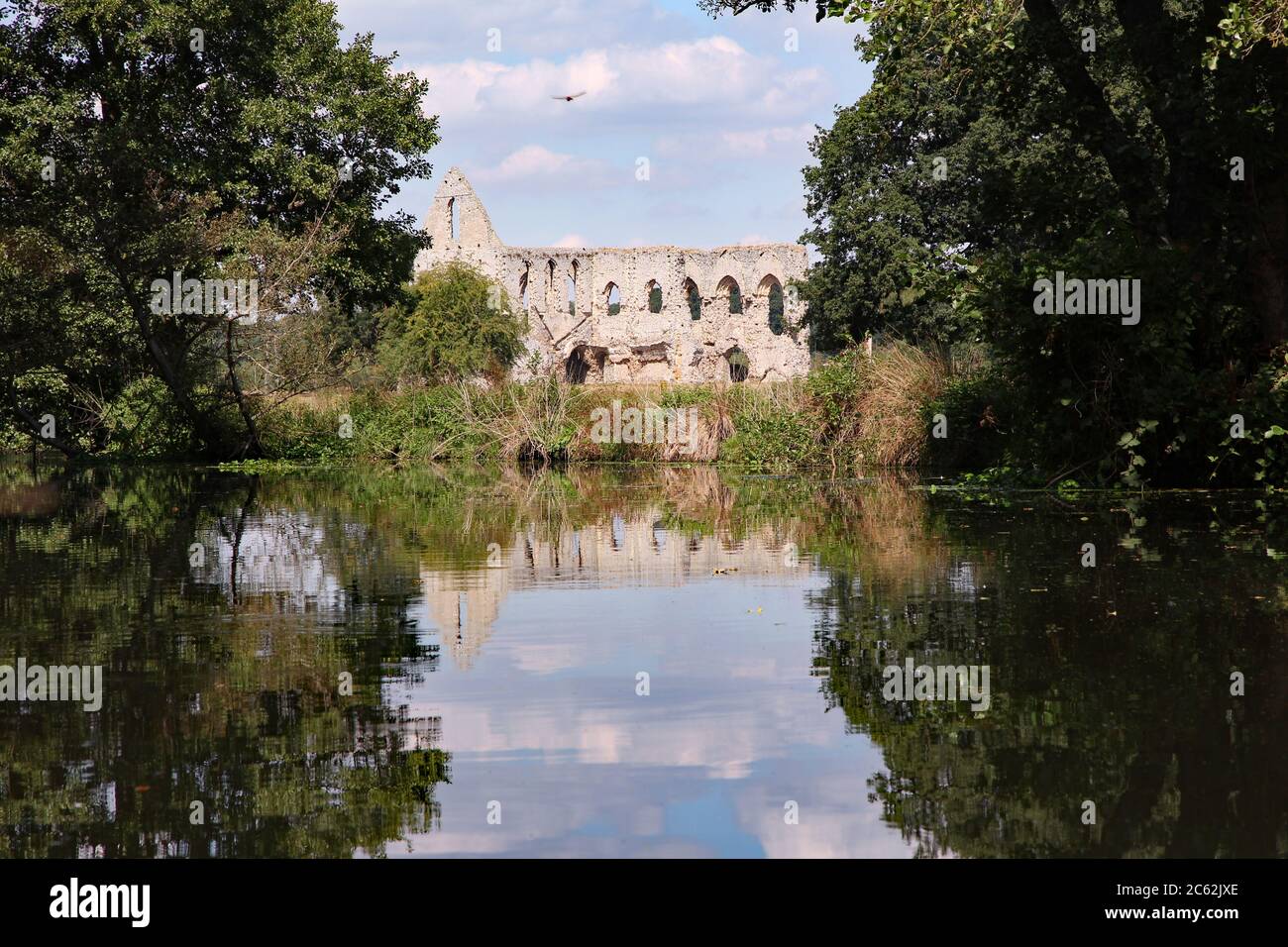 River Wey Navigation mit den Überresten des Newark Augustinian Priorat im Hintergrund Stockfoto