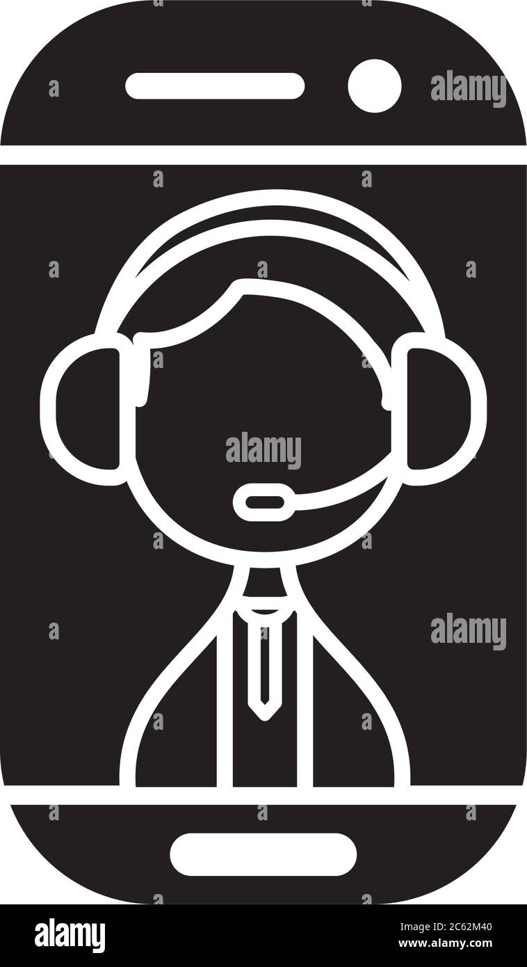 Smartphone mit Mann der Support-Service auf dem Bildschirm über weißem Hintergrund, Silhouette Stil, Vektor-Illustration Stock Vektor