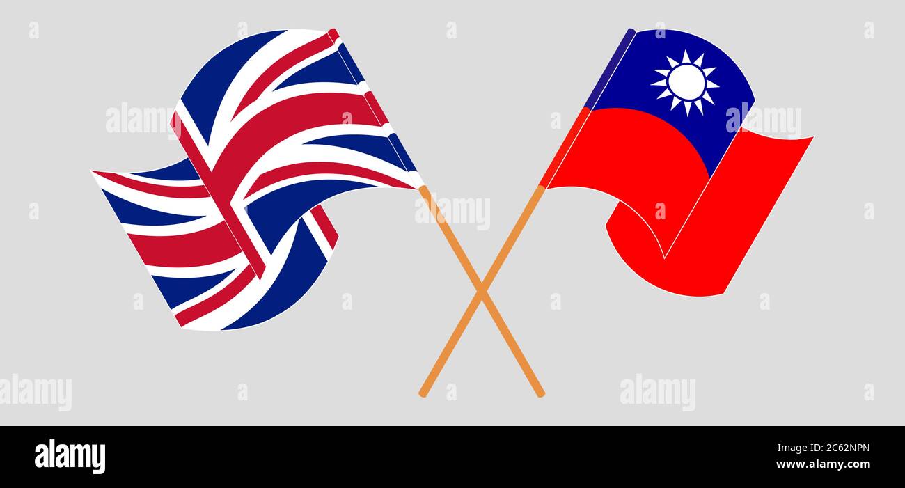 Gekreuzte und winkende Flaggen von Taiwan und Großbritannien. Vektorgrafik Stock Vektor