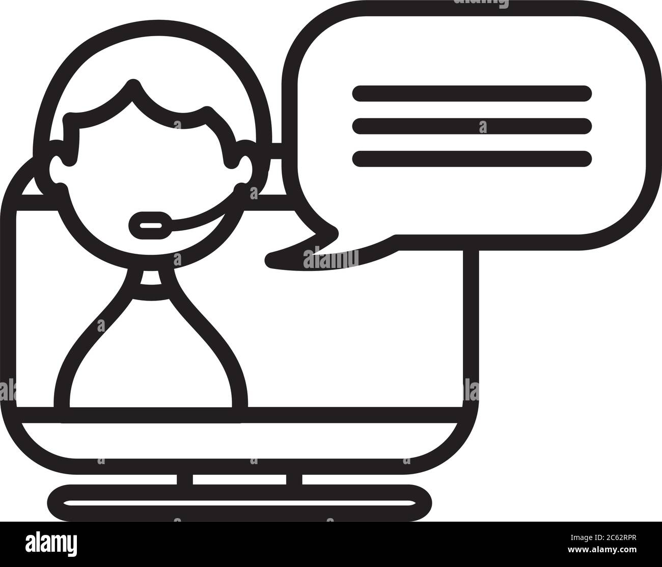 Kundendienst-Konzept, Computer mit Mann mit Support-Center-Headset auf dem Bildschirm über weißem Hintergrund, Linienstil, Vektorgrafik Stock Vektor