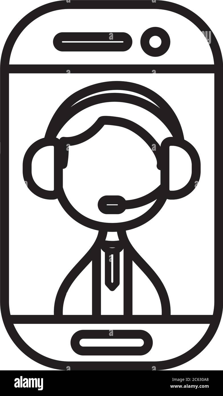 Smartphone mit Mann der Support-Service auf dem Bildschirm über weißem Hintergrund, Linienstil, Vektor-Illustration Stock Vektor