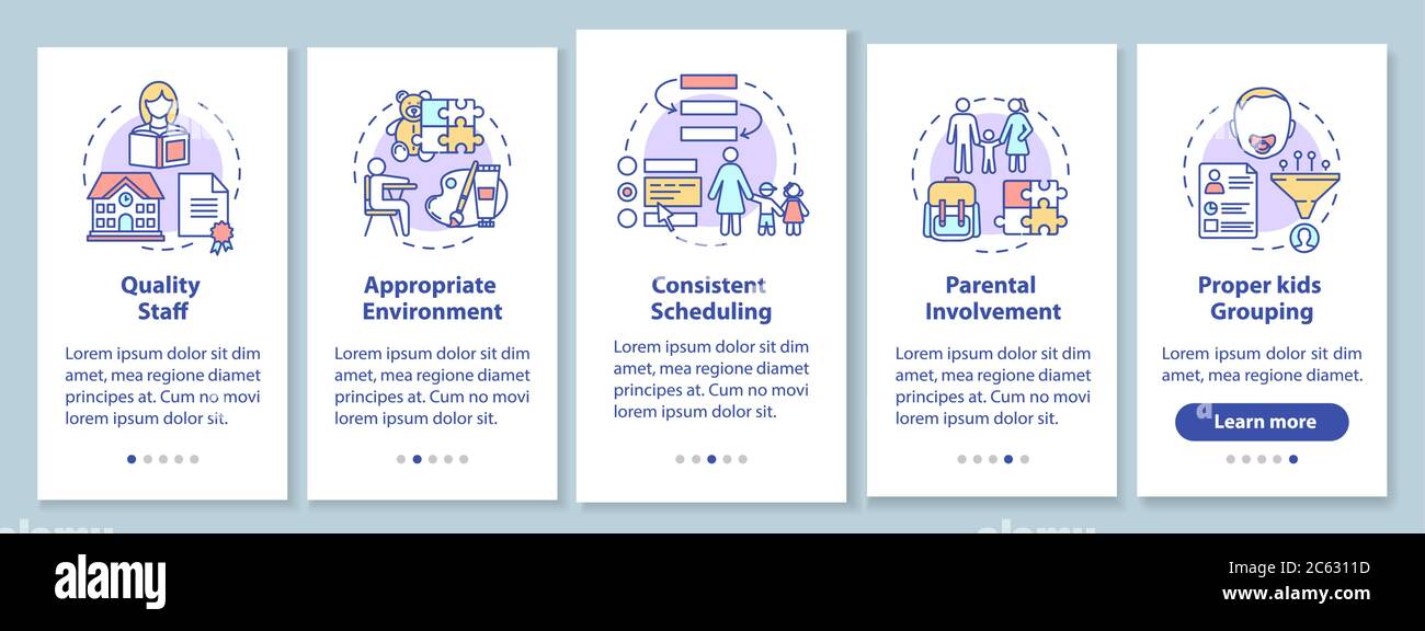 Kindergarten Wirksamkeit Komponenten Onboarding mobile App Seite Bildschirm mit Konzepten Stock Vektor