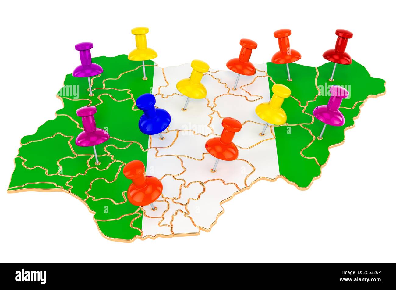 Karte von Nigeria mit farbigen Stecknadeln, 3D-Rendering isoliert auf weißem Hintergrund Stockfoto